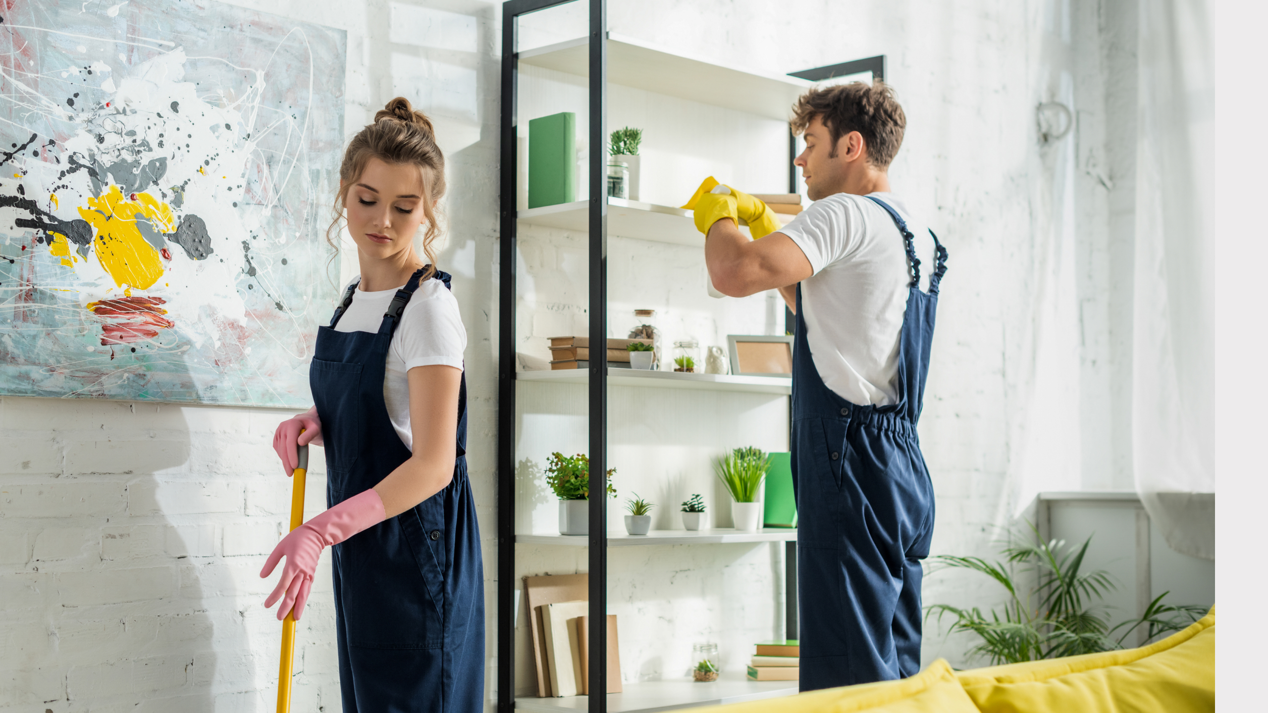 A man and a woman are cleaning a bright, modern room. The man is wearing yellow gloves and arranging items on a shelf, while the woman is holding a mop and wearing pink gloves. They are both dressed in matching blue overalls, and there are plants and artwork in the background.